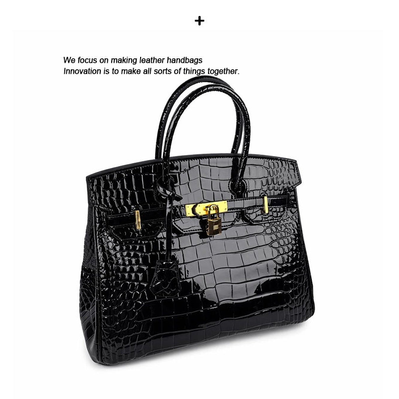 New Birkin Style Large Tote Bag for Women High Gloss Crocodile Embossed Genuine Leather Shoulder Handbag Crossbody Purse