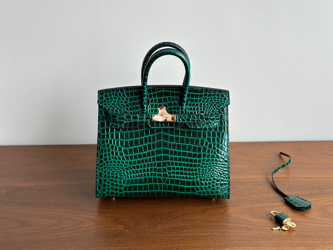 Chic Silver-Tone External Stitching Croc-Embossed Birkin-Inspired Tote Bag for Women, 25cm Stainless Steel Hardware Top-Layer Cowhide Handbag with Premium Quality