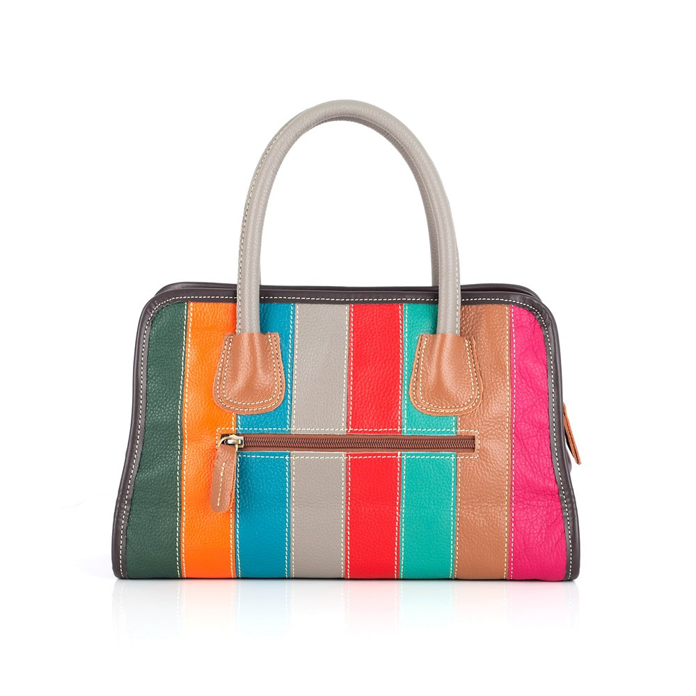 Genuine Cowhide Colorful Stripe Color Block Bag for Women, New Shoulder Crossbody Top Handle Purse, Trendy Handbag for Ladies