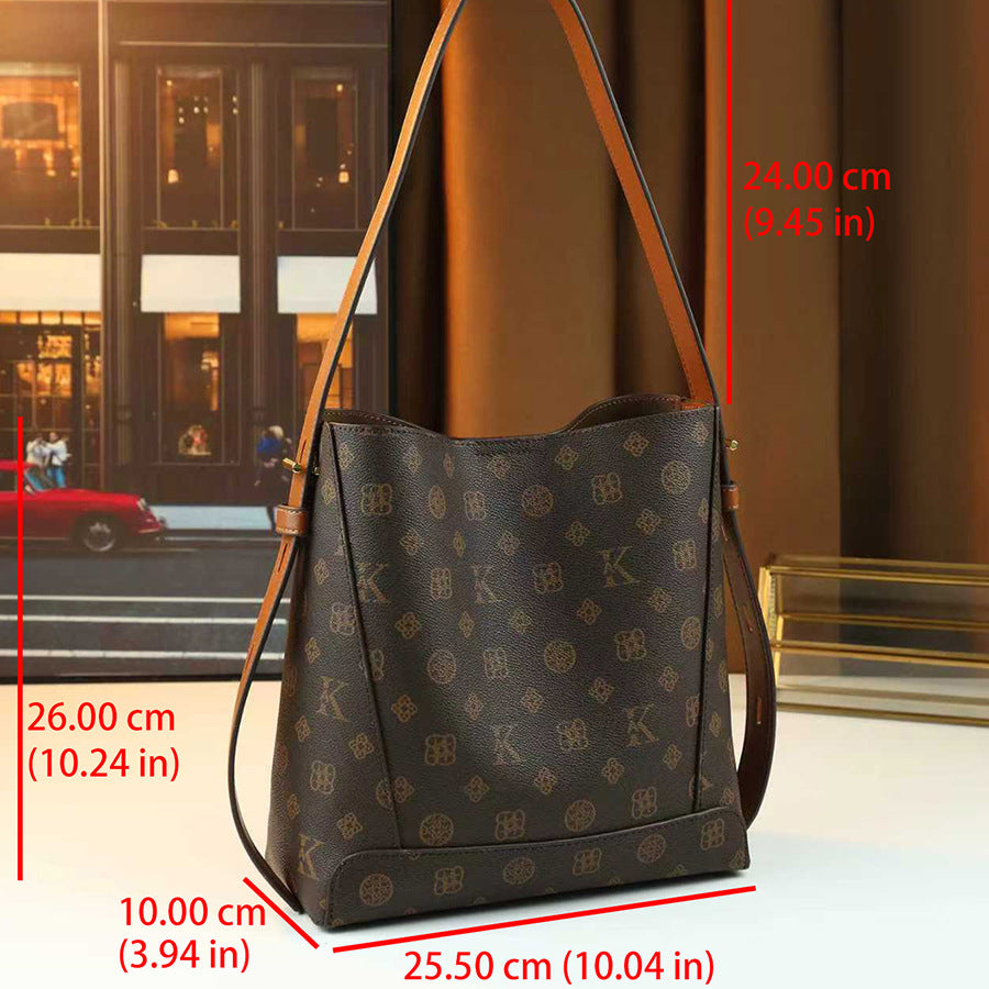 Vintage Monogram Bucket Bag for Women Large Capacity Shoulder Crossbody Handbag, Classic Logo Print Purse with Stylish Everyday Appeal
