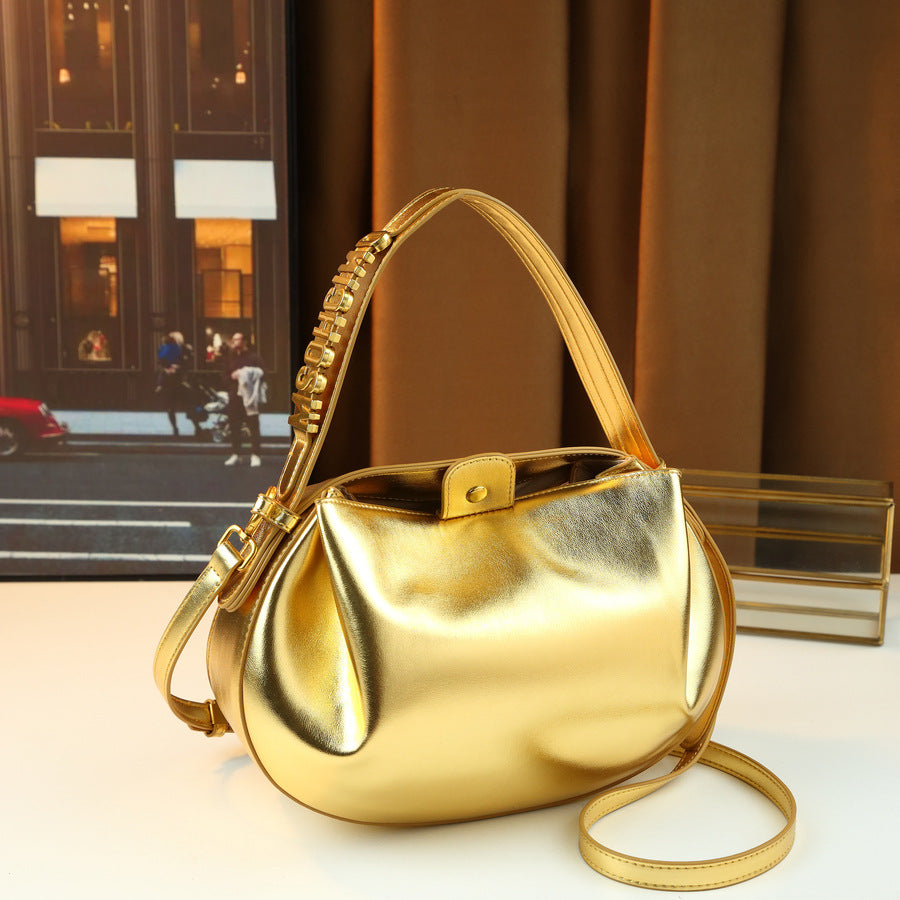 French Style Soft Leather Pleated Cloud Dumpling Bag for Women with Metal Letter Embellishment, Minimalist Solid Color Shoulder Crossbody Handbag