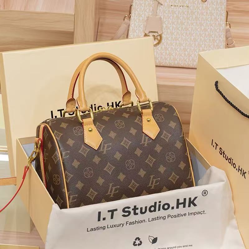 Genuine Leather Boston Pillow Bag for Women, New Fall Winter Fashionable Monogram Top Handle Crossbody Purse, Trendy Handbag for Ladies