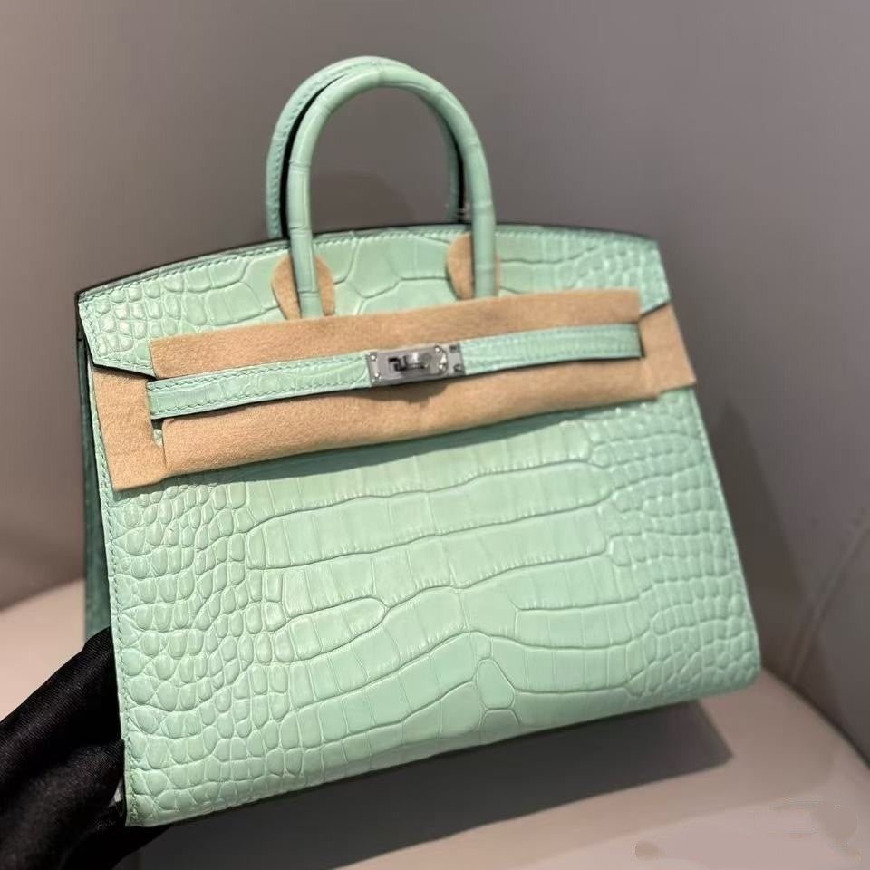 Genuine Top Layer Cowhide Matte Crocodile-Embossed Mini Birkin-Style Bag for Women, Semi-Handmade External Stitching Top Handle Purse, New Premium Handbag for Ladies