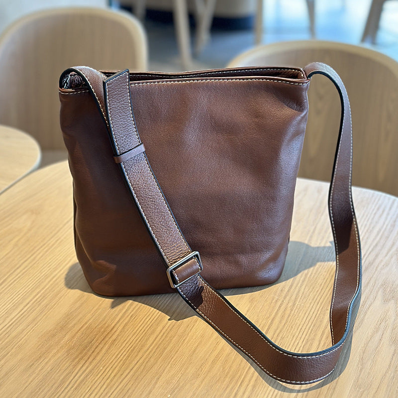 Genuine Soft Cowhide Bucket Bag for Women, New Japanese Casual Vintage Shoulder Crossbody Purse, Versatile Everyday Handbag for Ladies