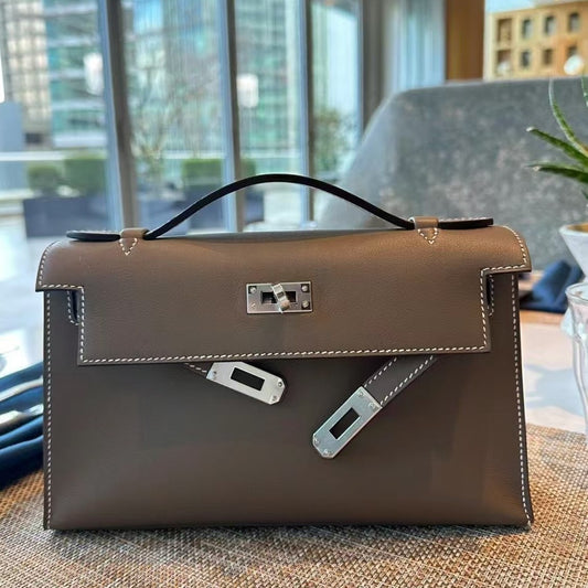 Genuine Swift Leather Mini Kelly-Style Bag for Women, 2025 Spring Summer Hermès-Inspired Top Handle Chain Shoulder Purse, Light Luxury Everyday Handbag for Ladies