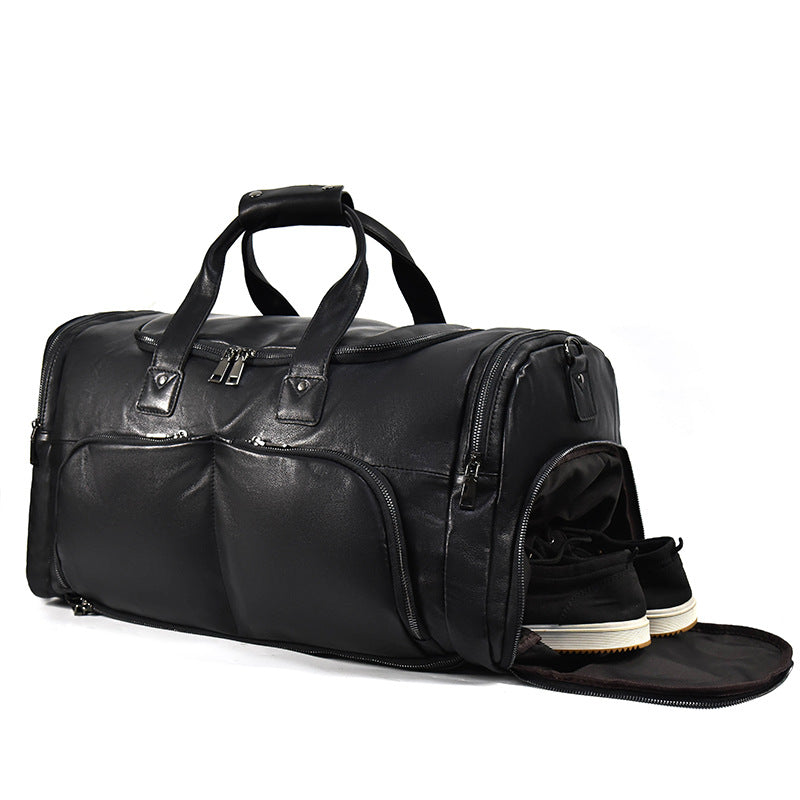 New Genuine Leather Travel Duffle with Shoe Compartment, Fashionable Gym Shoulder Crossbody Bag, Premium Cowhide Weekender for Men