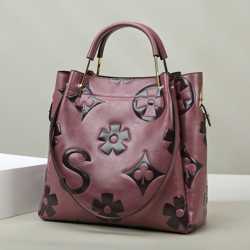Women's Fashion Embossed Tote Bag Set – Large Capacity Bucket Handbag with Matching Pouch, Chic and Sophisticated Everyday Carryall