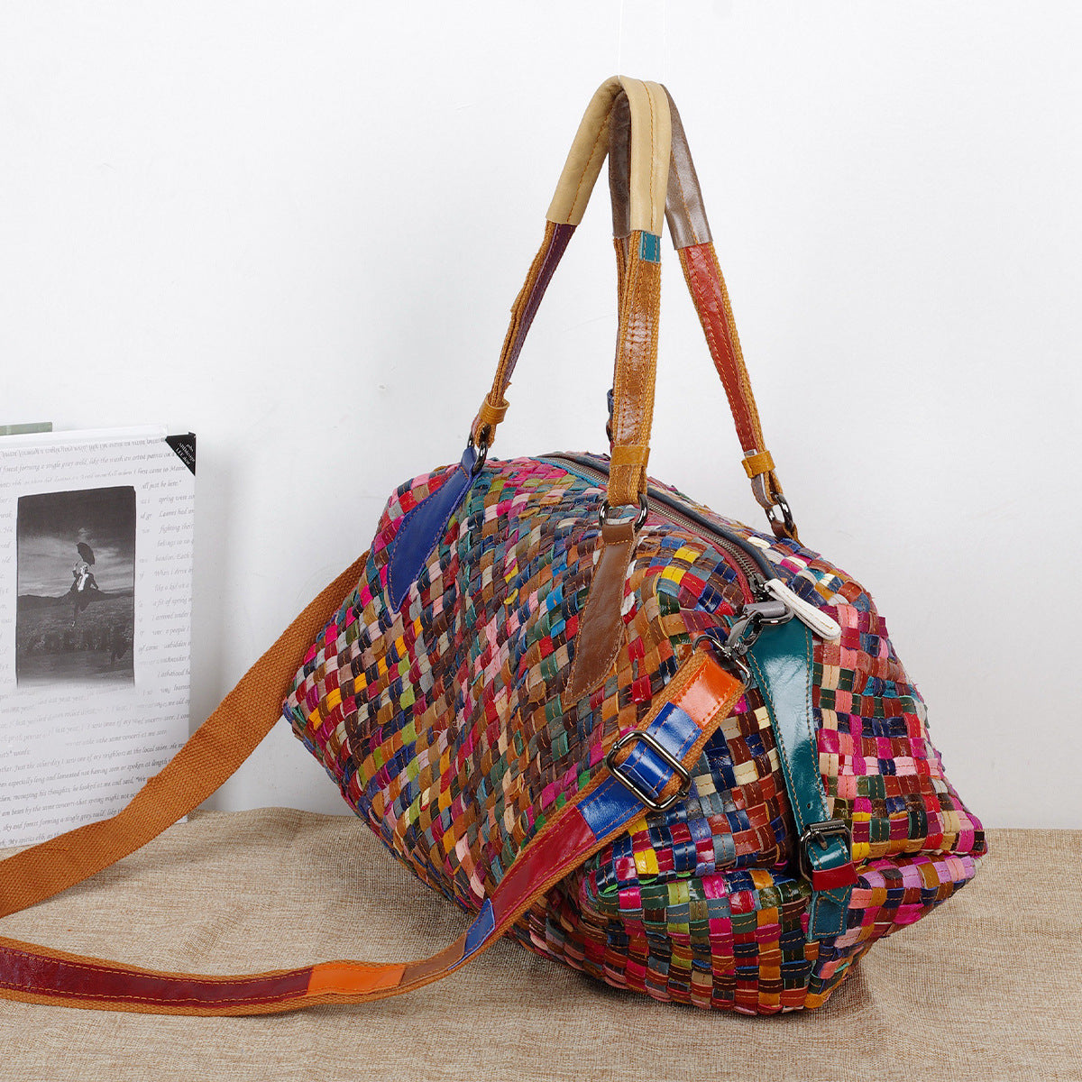 Colorful Patchwork Woven Genuine Leather Tote, Large Capacity Travel Shoulder Crossbody Bag, Designer Handbag for Women