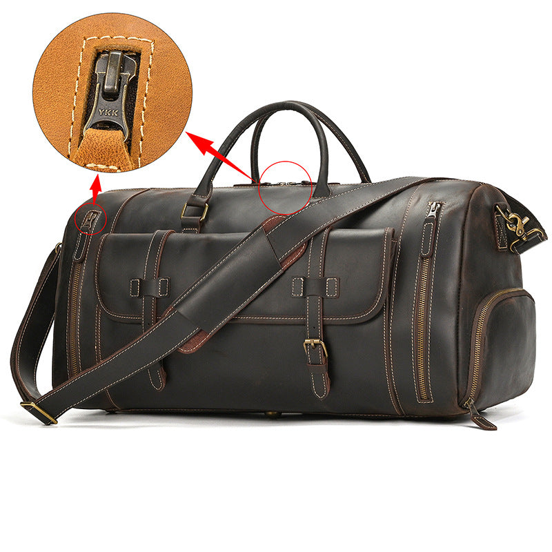 Large Capacity Crazy Horse Leather Travel Duffle with Shoe Compartment, Top Handle Shoulder Crossbody Luggage Bag for Men