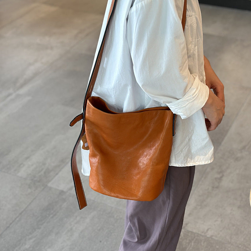 Genuine Top Layer Cowhide Bucket Bag for Women, New Korean Style Vintage Casual Shoulder Crossbody Underarm Purse, Versatile Everyday Handbag for Ladies