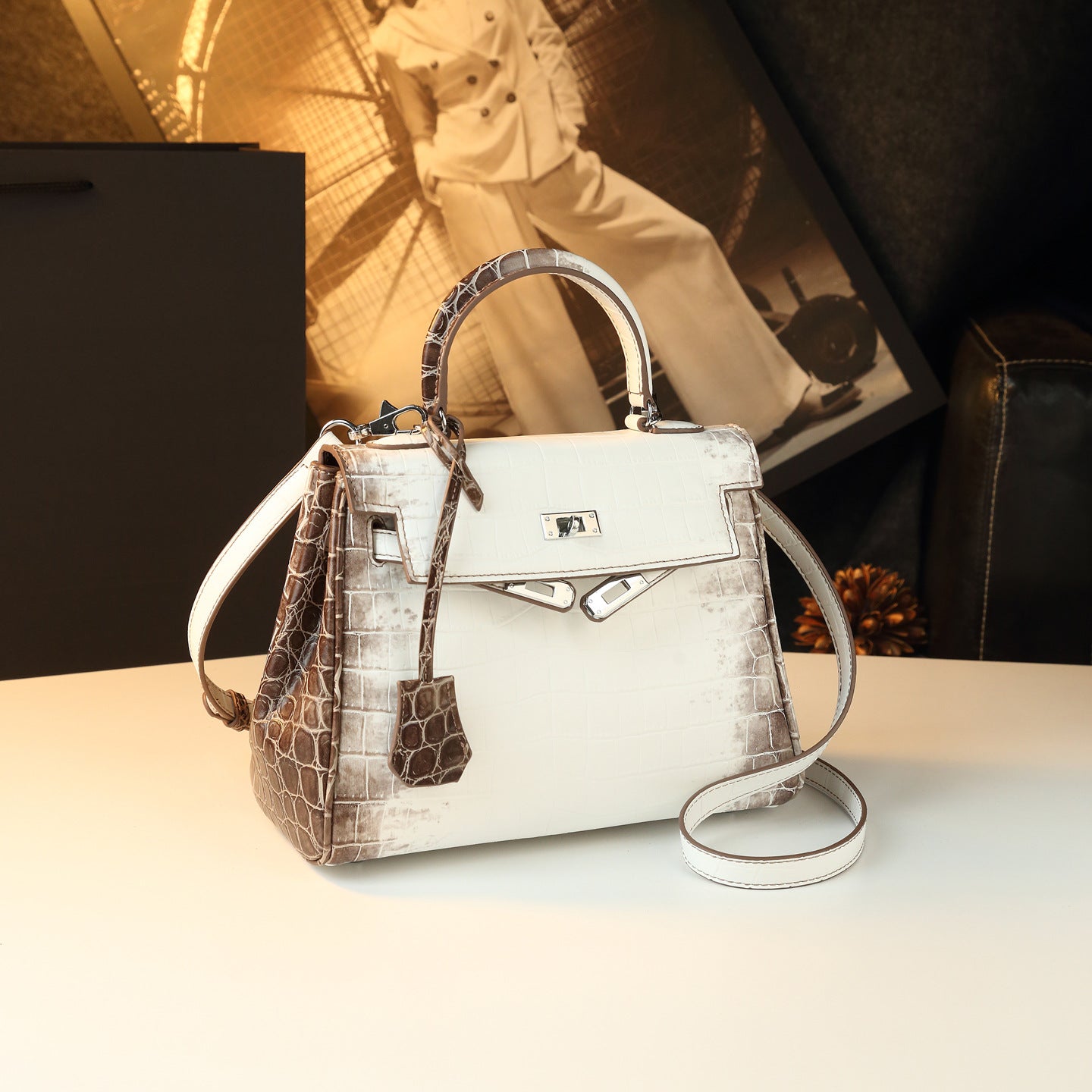 New Arrival Kelly-Inspired Croc-Effect Leather Bag for Women, A Minimalist Soft Leather Top-Handle Shoulder Crossbody Handbag with Urban Elegant Design