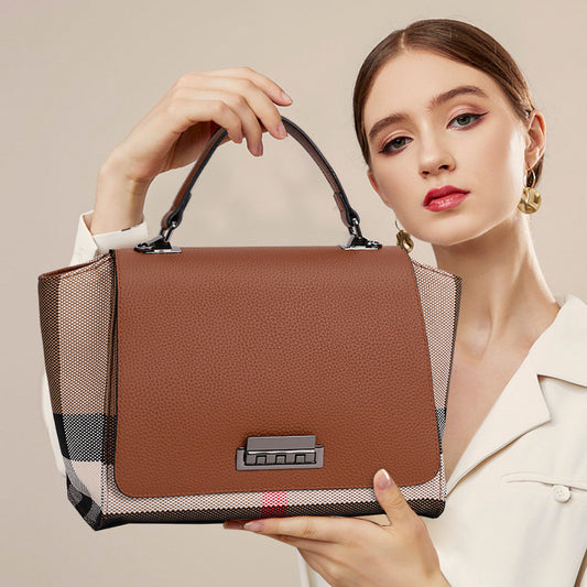 New Plaid Cowhide Large Capacity Tote Bag, Fashionable Trendy Shoulder Handbag, Premium Leather Bag for Women