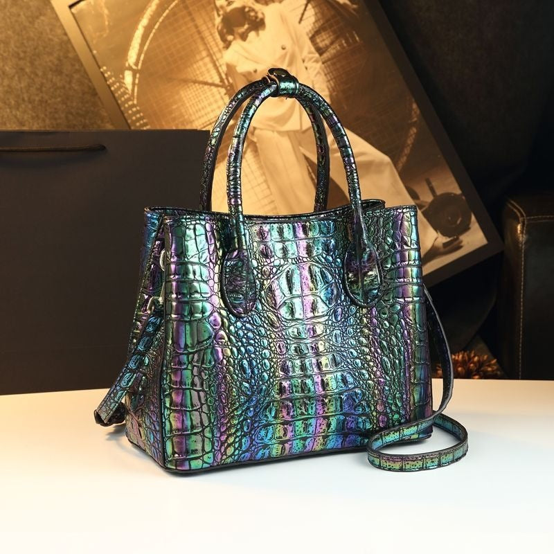 New Arrival Croc-Effect Genuine Leather Tote Bag for Women, A Shoulder Crossbody Top-Handle Handbag with Versatile Design, Perfect for Moms