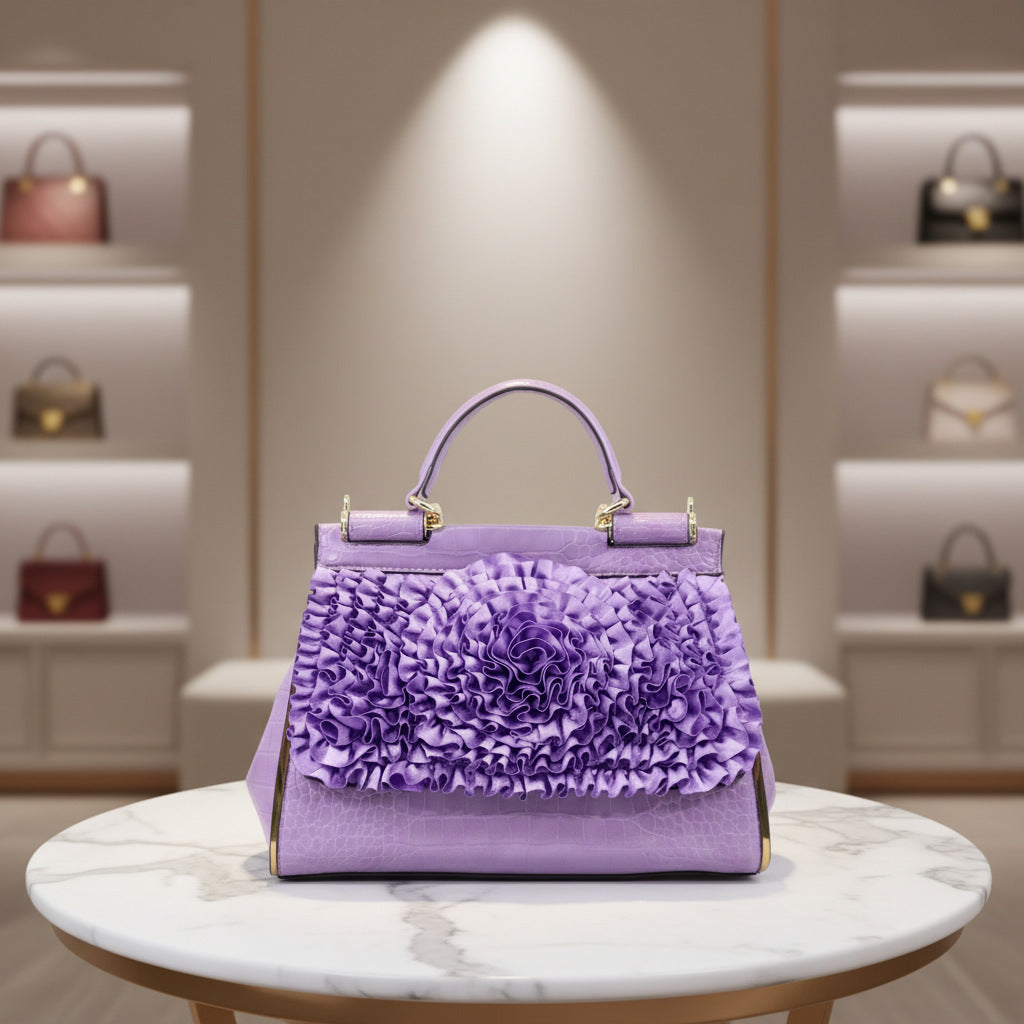 Genuine Leather Ruffle Top Handle Handbag for Women, Premium Textured Light Luxury Bag, Designer Style Ladies Purse