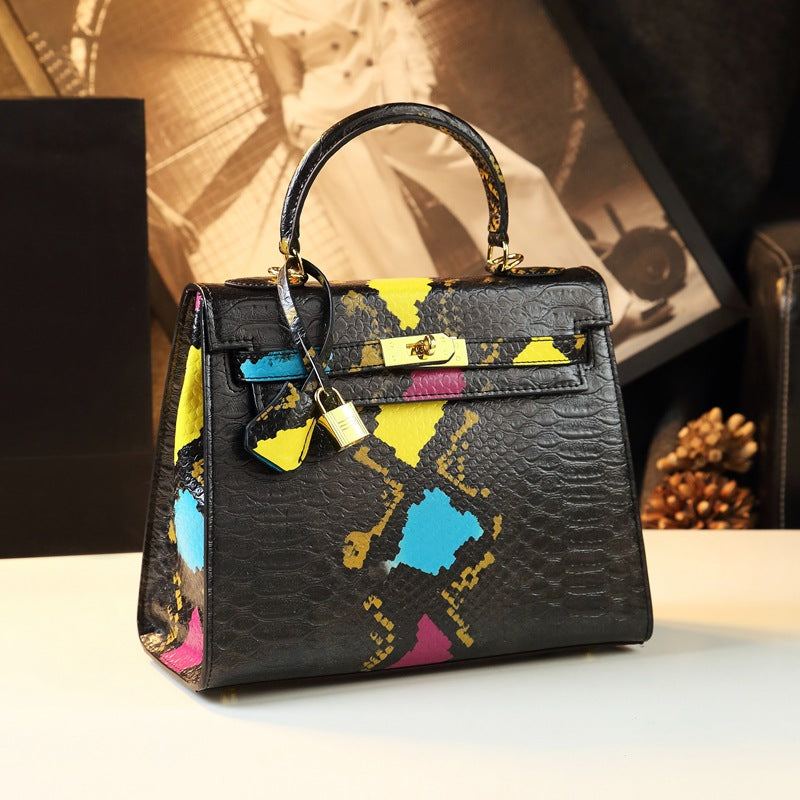Genuine Leather Kelly Bag 2nd Generation Birkin Style Large Tote Shoulder Crossbody Handbag with Snakeskin Embossed Pattern