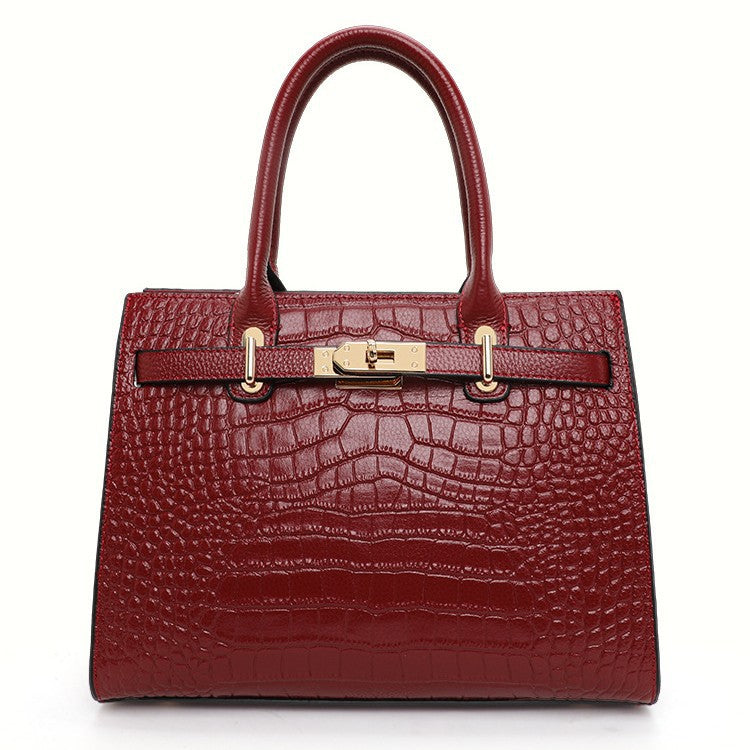 Genuine Leather Crocodile-Embossed Handbag for Women, Lock Buckle Commute Large Capacity Shoulder Crossbody Purse, Versatile Bag for Ladies