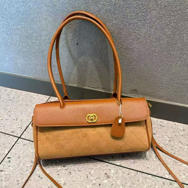 Genuine Leather Chanel-Style Baguette Bowling Bag for Women Light Luxury Shoulder Underarm Handbag, Versatile Commuter Purse with Elegant Design