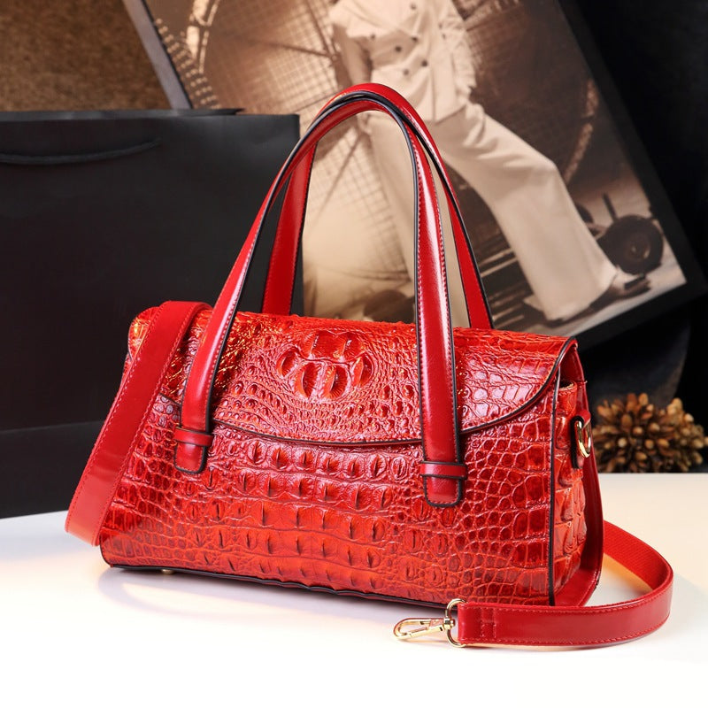 New Arrival Croc-Effect Genuine Leather Boston Pillow Bag for Women, A Fashionable Shoulder Crossbody Top-Handle Handbag Perfect for Moms