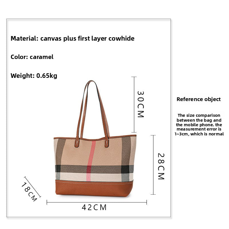 New Large Capacity Plaid Canvas Tote Bag with Leather Trim, Fashionable Casual Shoulder Handbag, Premium Bag for Women