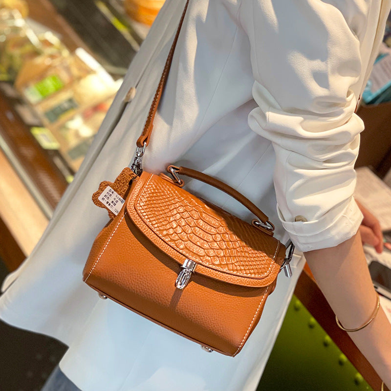 New Arrival Croc-Effect Genuine Leather Small Square Bag for Women, A Premium Top-Layer Cowhide Top-Handle Crossbody Handbag with Elegant Sophisticated Design