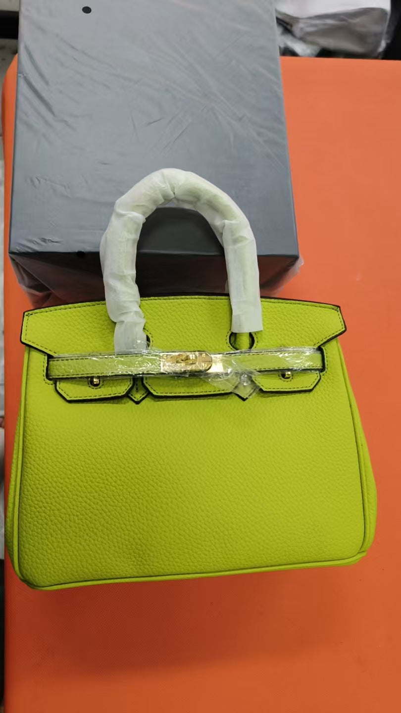 Genuine Pebbled Leather Birkin-Style Gold Hardware Large Capacity Handbag for Women, European Fashion Top Handle Purse, Trendy Casual Tote Bag for Ladies