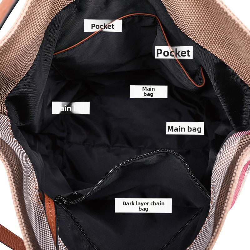 2026 New Premium Leather Trim Canvas Bucket Bag, Large Capacity Casual Shoulder Purse, Trendy Plaid Handbag for Women