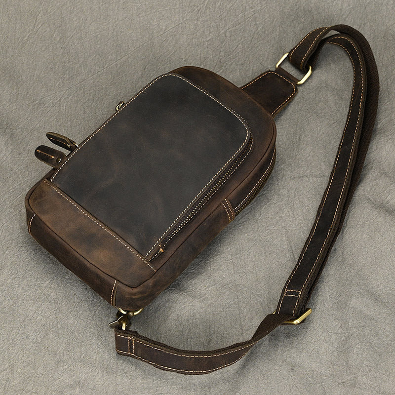 Crazy Horse Leather Minimalist Chest Bag, Casual Crossbody Shoulder Pouch, Outdoor Commute Bag for Men