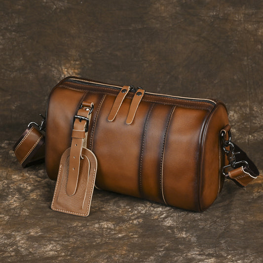 Men's Vintage Top Grain Cowhide Crossbody Bag Round Barrel Casual Messenger Large Capacity Shoulder Satchel