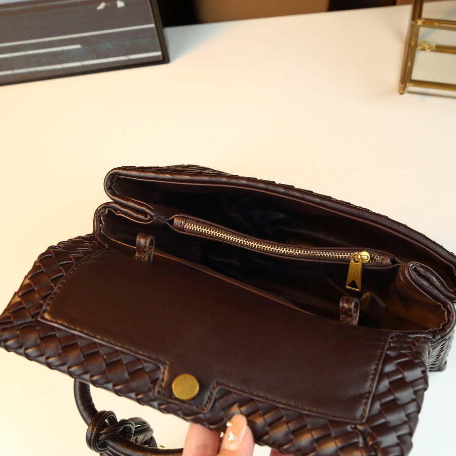 Handwoven Mini Square Bag for Women Niche Commuter Shoulder Handbag, Minimalist Purse with Round Hardware Accent