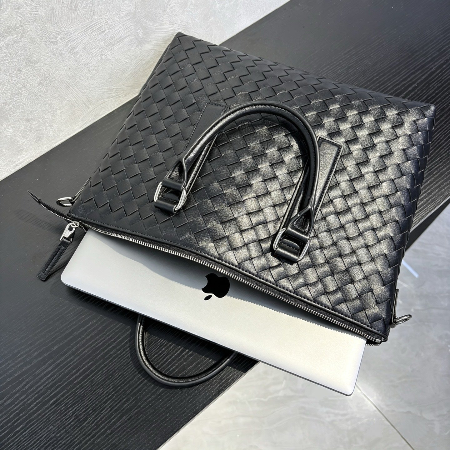 Genuine Leather Woven Large Tote Briefcase, Business Commuter Handbag, Unisex Shoulder & Crossbody Bag