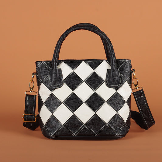 Genuine Leather Black and White Plaid Patchwork Handbag for Women, Ethnic Casual Shoulder Crossbody Top Handle Purse, Color Block Designer Bag for Ladies