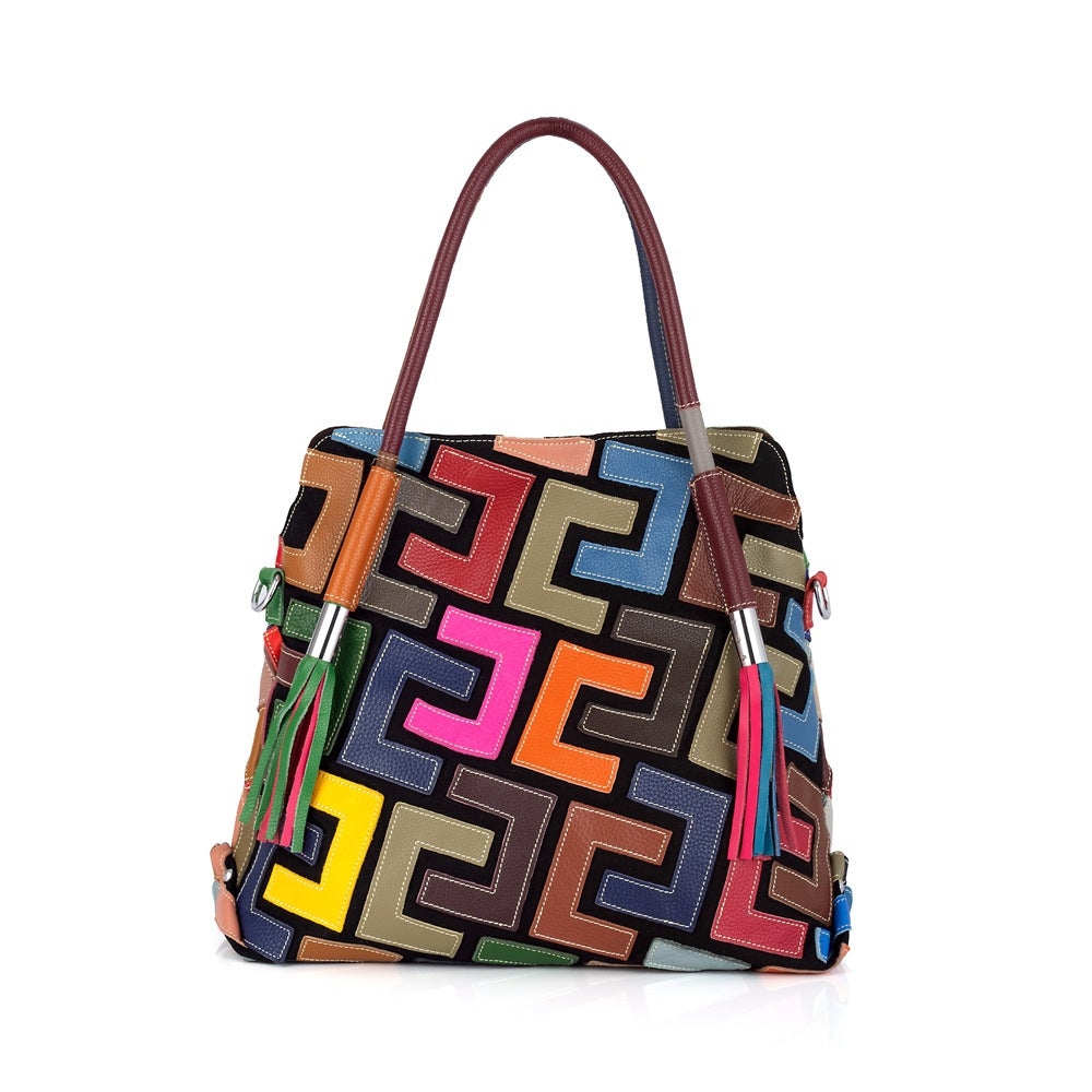 Genuine Cowhide Color Block Tote Bag for Women, New Niche Designer Handmade Pattern Shoulder Purse, Trendy Everyday Handbag for Ladies