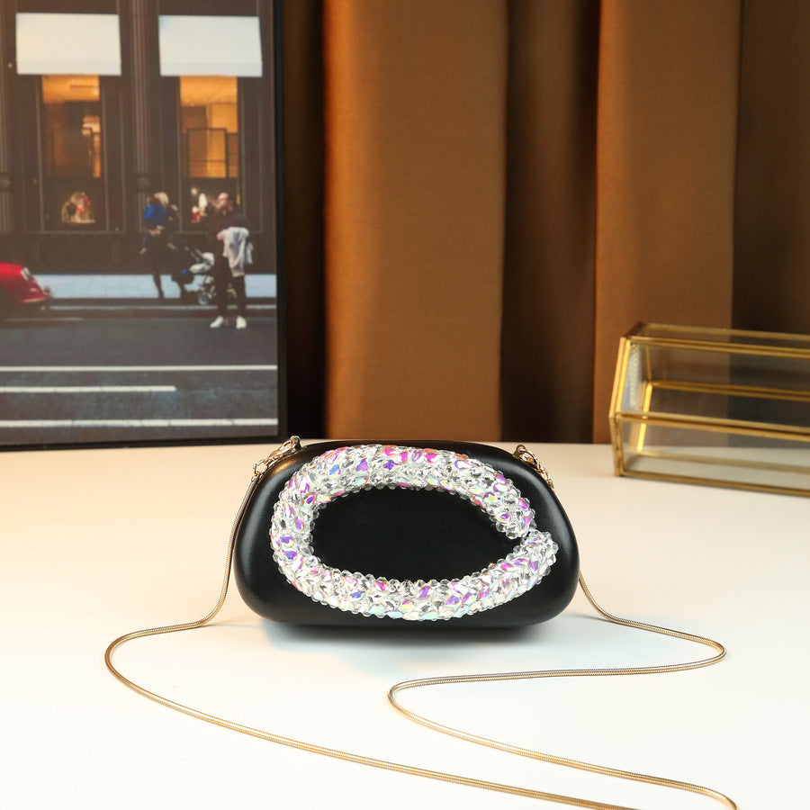 Rhinestone Handle Round Bag for Women Banquet Chain Shoulder Crossbody Handbag, Sparkly Three-Dimensional Purse with Glamorous Design