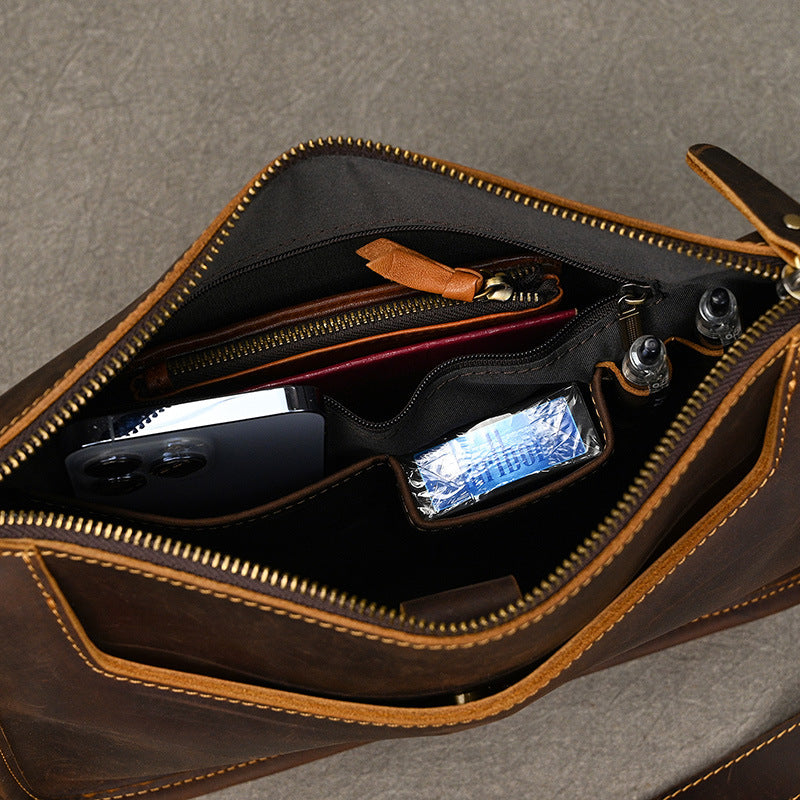 Vintage Crazy Horse Leather Shoulder Crossbody Bag, Genuine Cowhide Pouch, Casual Men's Bag