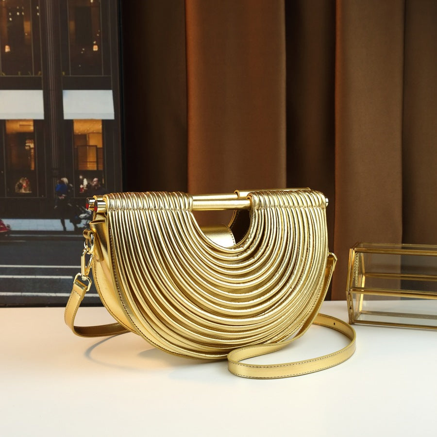 Noodle-Line Design Half-Moon Bag for Women Premium Textured Shoulder Crossbody Purse, Unique Woven Strap Detail with Versatile Everyday Style
