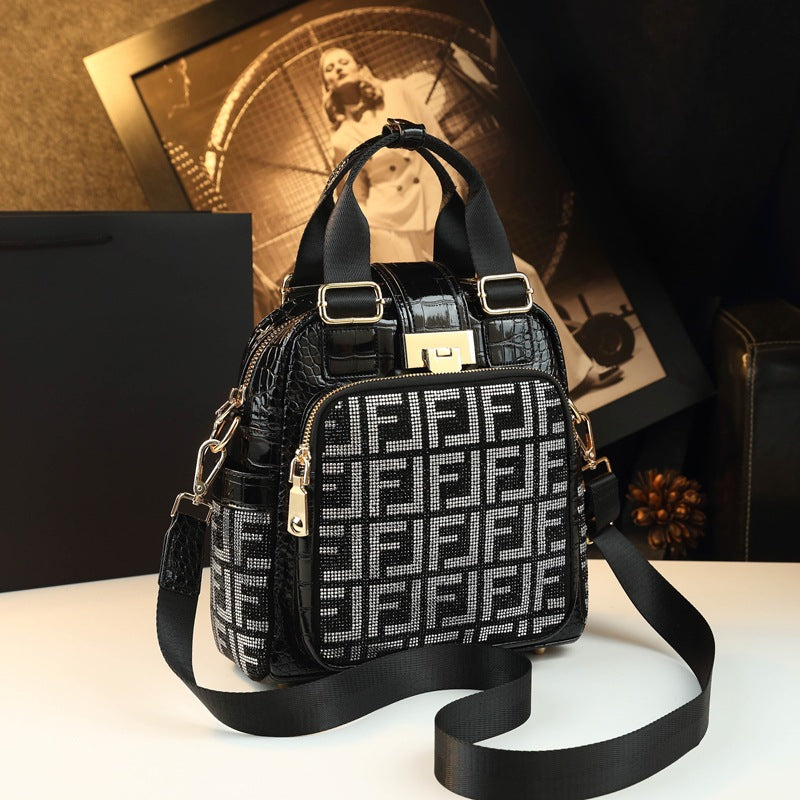 New Arrival Sparkly Rhinestone-Embellished Croc-Effect Backpack for Women, A Multi-Functional Genuine Leather Daypack with Fashionable Design, Perfect for Moms