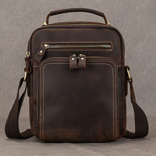 Vintage Dark Brown Crazy Horse Leather Shoulder Crossbody Bag, Top Layer Cowhide Outdoor Casual Pouch for Men and Women