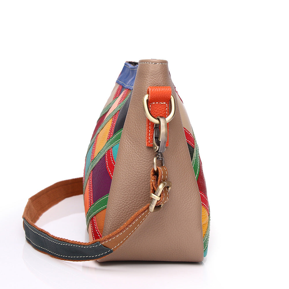Premium Handcrafted Colorful Plaid Color-Block Cowhide Leather Bag for Women | New Trendy Small Shoulder Purse with Unique Patchwork Design | Fashionable Versatile Handbag for Everyday Chic, Travel & Casual Outings | Statement Accessory with Vibrant