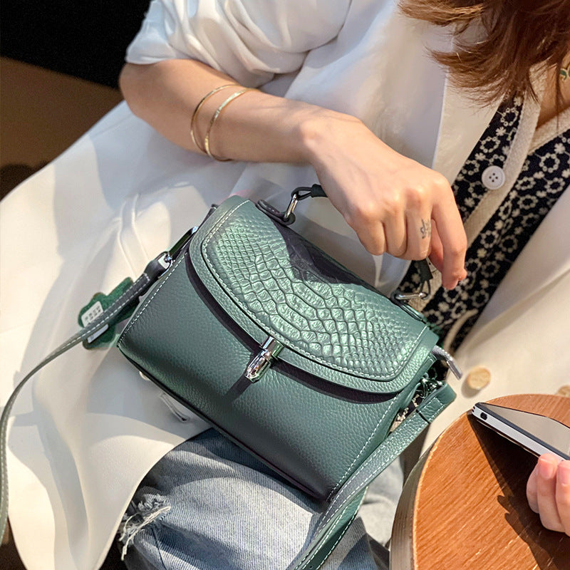 New Arrival Croc-Effect Genuine Leather Small Square Bag for Women, A Premium Top-Layer Cowhide Top-Handle Handbag with Versatile Trendy Design, Perfect Everyday Purse