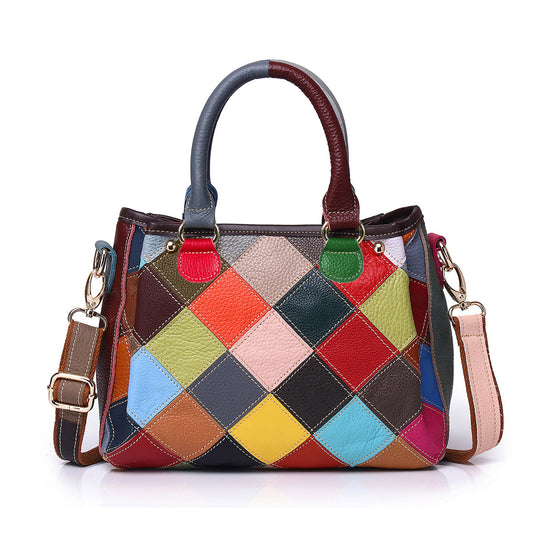 Genuine Leather Random Color Block Diamond Quilted Handbag for Women, Casual Trendy Shell Crossbody Shoulder Bag, Contrast Color Top Handle Purse for Ladies