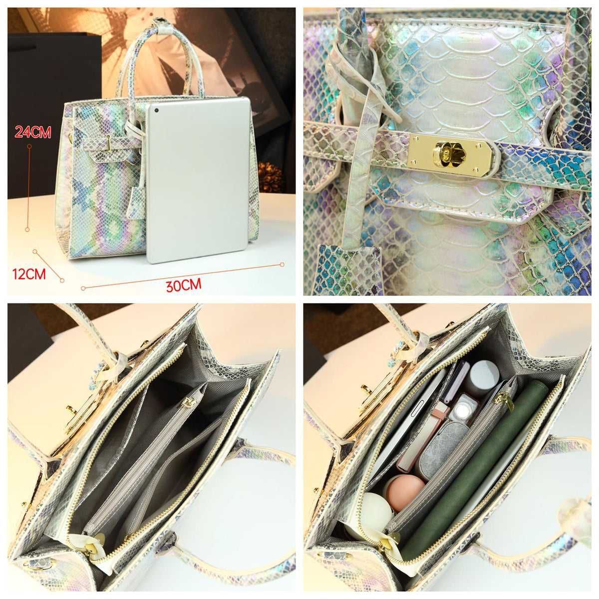 New Arrival Python-Embossed Birkin-Inspired Tote Bag for Women, Premium Genuine Leather Large Capacity Top-Handle Handbag with Luxurious Design, Trendy Everyday Purse