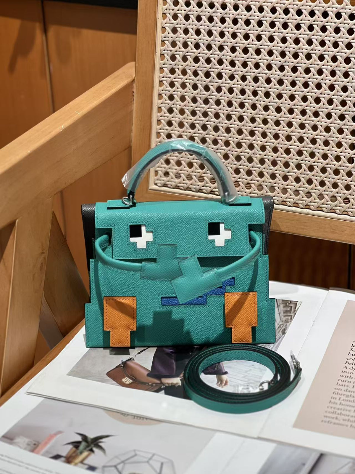Mini Robot Doll Cross-Body Bag for Women, Hermès-Inspired Mosaic Pattern Bag with Vintage Lock, Epsom Leather Kelly-Style Shoulder Purse, Cute Novelty Handbag for Daily Wear