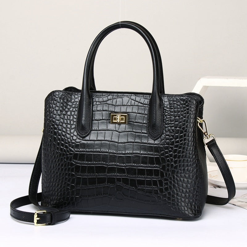 Genuine Top Layer Cowhide Crocodile-Embossed Handbag for Women, New Commute Shoulder Crossbody Top Handle Purse, Fashionable Everyday Bag 6055 for Ladies