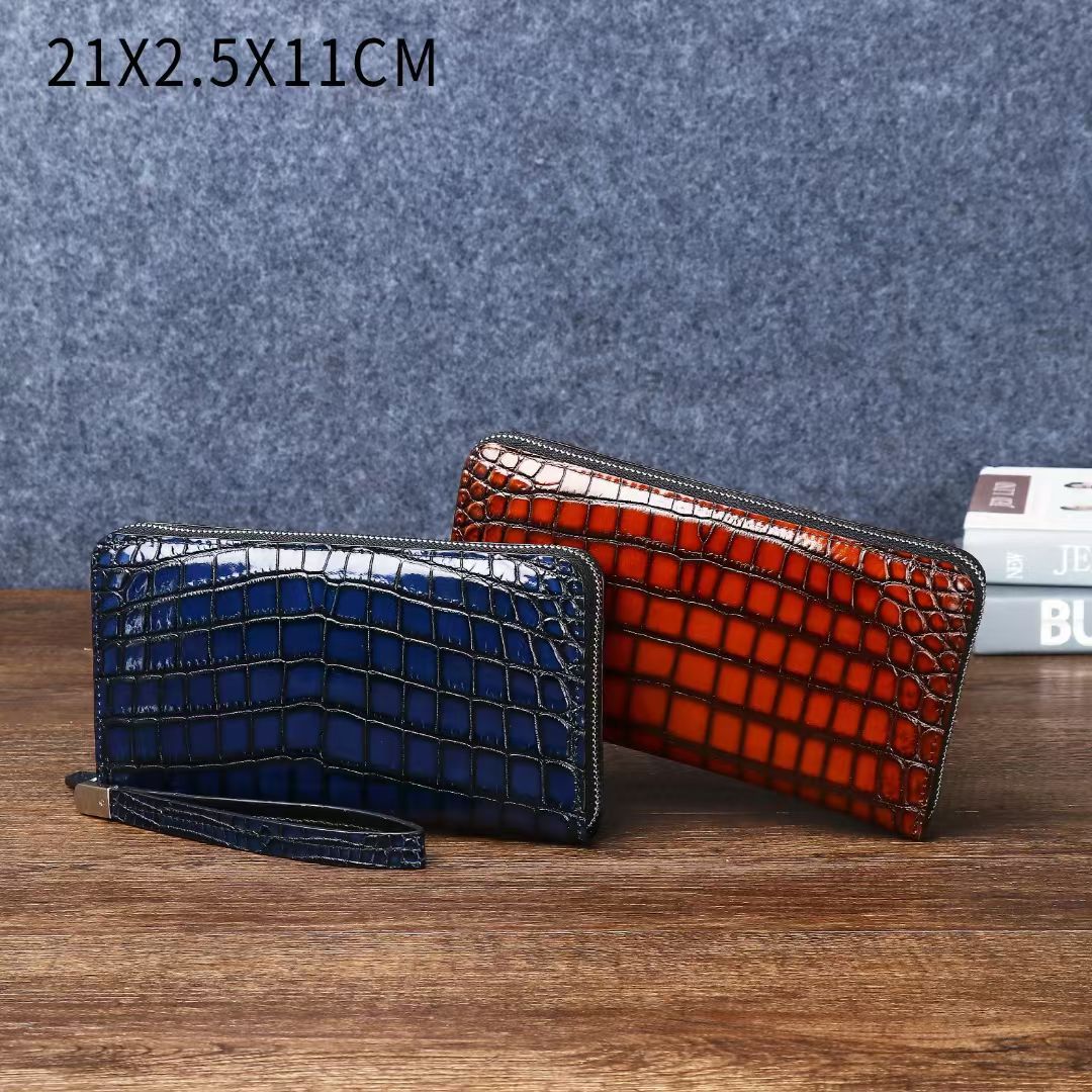 New Arrival Genuine Leather Croc-Effect Clutch Bag for Men, A Large Capacity Single-Zip Wallet with Distressed Finish, Perfect Business Handbag