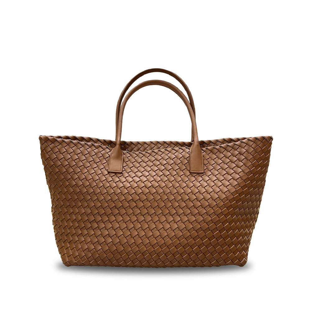 Leather woven vegetable basket cowhide tote large capacity underarm hand bag female