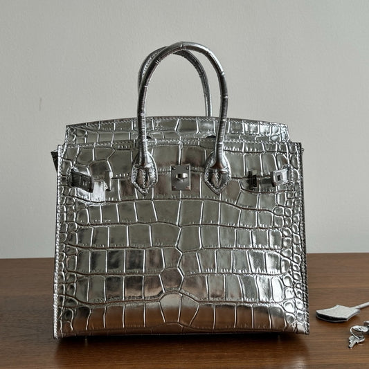 Chic Silver-Tone External Stitching Croc-Embossed Birkin-Inspired Tote Bag for Women, 25cm Stainless Steel Hardware Top-Layer Cowhide Handbag with Premium Quality