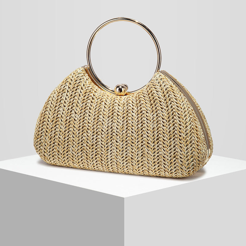 Chic Woven Straw Stripe Evening Clutch for Women, A Box-Style Banquet Bag with Top Handle Perfect for Weddings Formal Dresses & Special Occasions