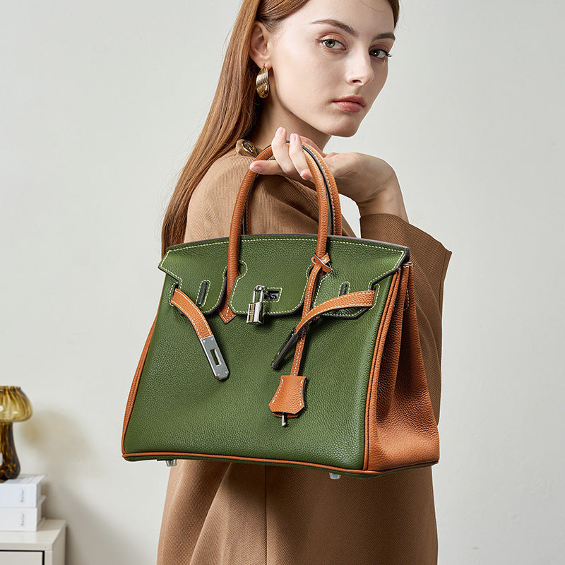 Unique Premium Genuine Leather Crossbody Tote Handbag for Women, Top-Layer Cowhide with Contrast Color Design, Versatile Commuter Bag Inspired by Iconic Turn-Lock Style