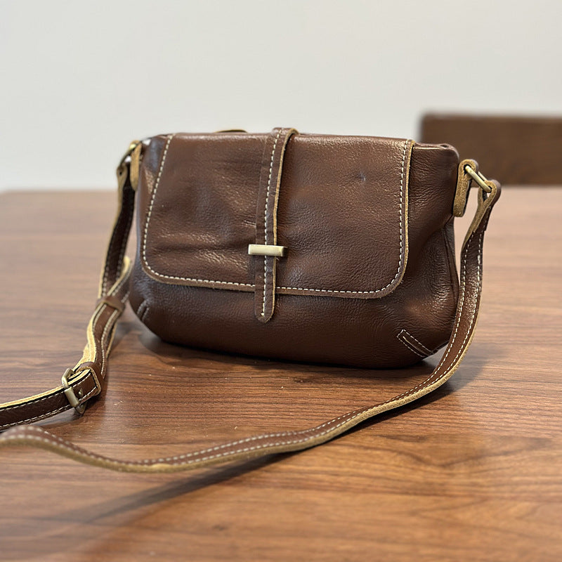 Spring Summer Vintage Leather Messenger Bag, Lightweight Commute Shoulder Crossbody Purse, Top Layer Cowhide Small Everyday Bag for Women