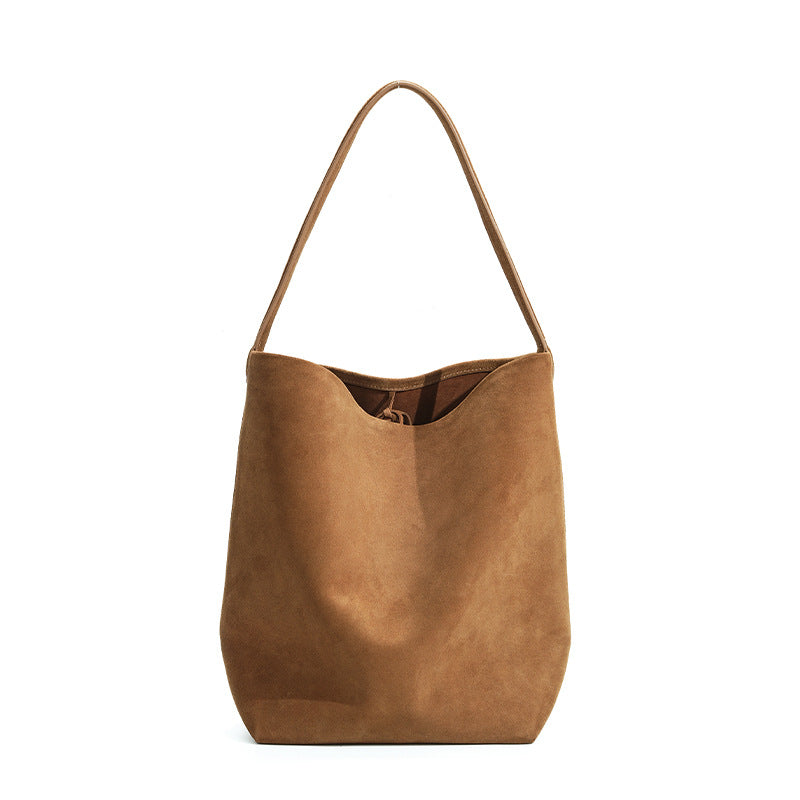 Genuine Matte Leather Bucket Bag for Women, Niche Versatile Solid Color Commute Shoulder Top Handle Purse, Premium Large Capacity Handbag for Ladies